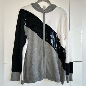CJ Banks Zip Up Knit Sweater Sequins Black White Gray 1X Athleisure Cruise